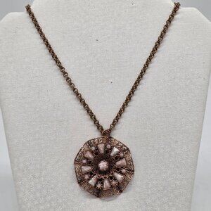 VTG Copper Tone Pendant Filigree Necklace Pink White Speckled Beads Brass Chain